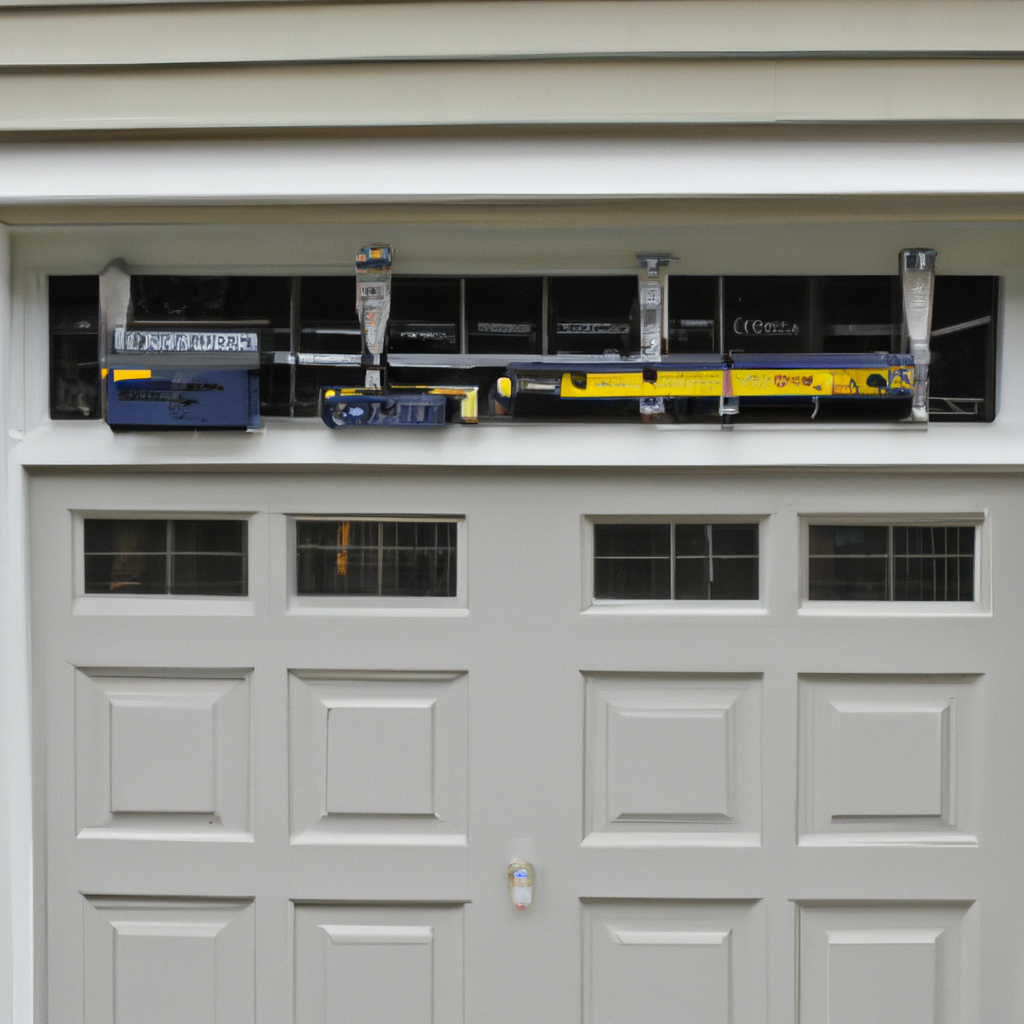 Close-up of a suburban Natick, MA garage door panel and window replacement setup