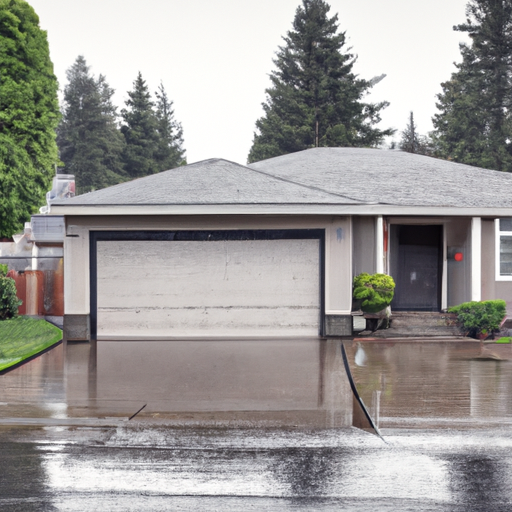 Everett suburban home with modern sectional garage door on wet pavement and evergreen background, overcast sky, no people.