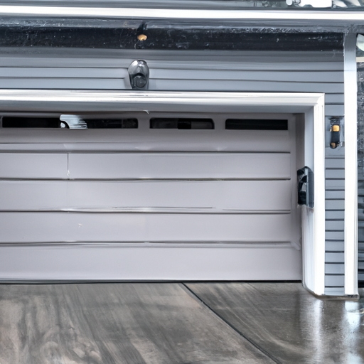 Residential garage in Everett, WA with a modern sectional door and ceiling-mounted smart opener, wet pavement, no people.