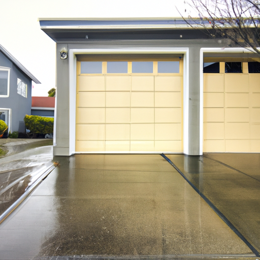 Modern residential garage door on a wet suburban Everett street with driveway and overcast sky, full door visible.