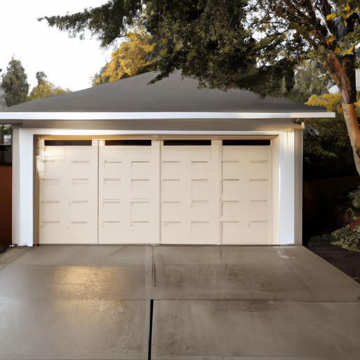 Modern three-panel garage door on a light-gray home in Everett, WA with wet pavement and evergreen background at golden hour.