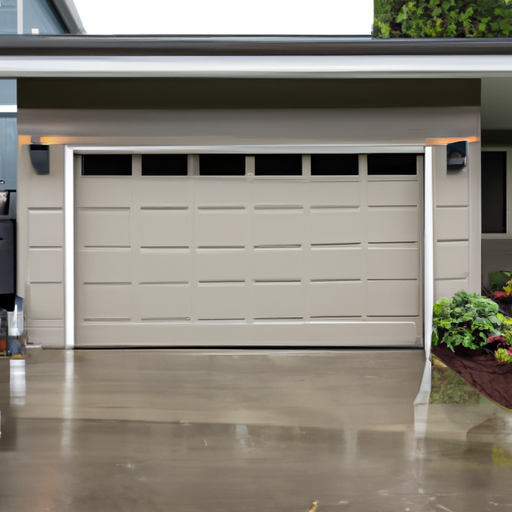 Modern insulated garage door on a wet, overcast day with threshold and weather-stripping visible in a suburban Everett setting.