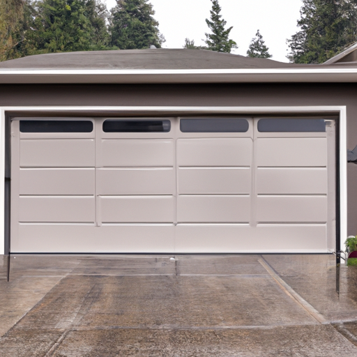 Insulated sectional garage door on a wet Everett driveway with evergreen backdrop, overcast sky, no people.