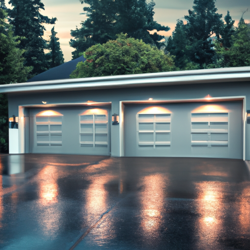 Suburban Everett garage at dusk with a visible sectional door and smart opener, wet pavement and evergreen backdrop.