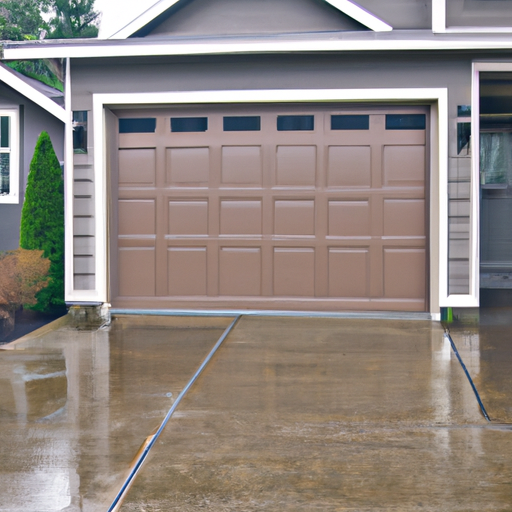 Overcast Everett, WA home with a modern insulated garage door, driveway, and visible weather seals.