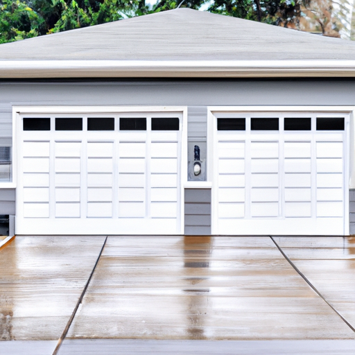 Residential garage door in Everett, WA on a rainy day; door panels, tracks, and base seal visible.