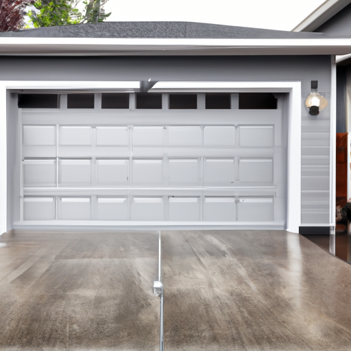Modern steel garage door installed on a suburban home in wet overcast Pacific Northwest light, tracks and opener visible.