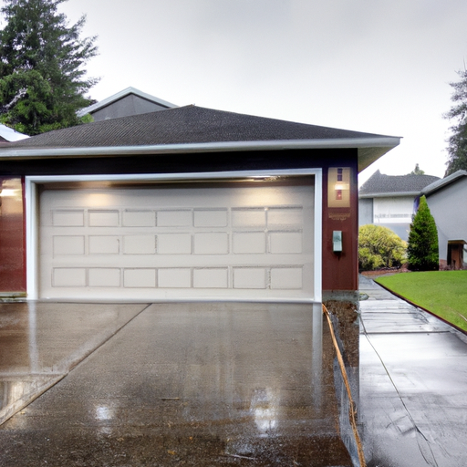 Suburban Everett garage exterior with closed sectional door on wet driveway under overcast sky.