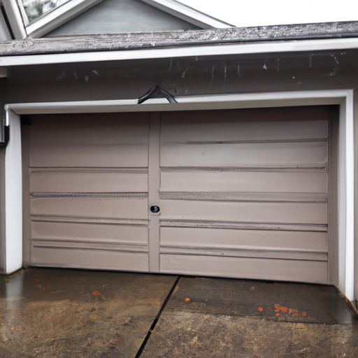 Residential garage door and opener in Everett, WA on an overcast day, weatherstripping and ceiling-mounted opener visible.