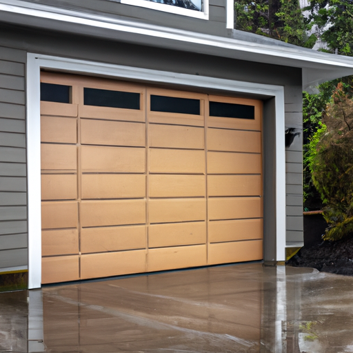 Residential garage door on a wet overcast day in Everett, WA with visible panels, hardware, and native landscaping.