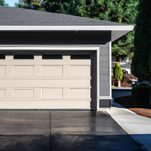 Everett residential garage with a modern sectional door slightly open, tracks and weatherseal visible, evergreen backdrop.