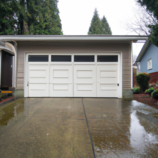Everett WA suburban garage door slightly open on an overcast wet day, modern steel door and evergreen backdrop.