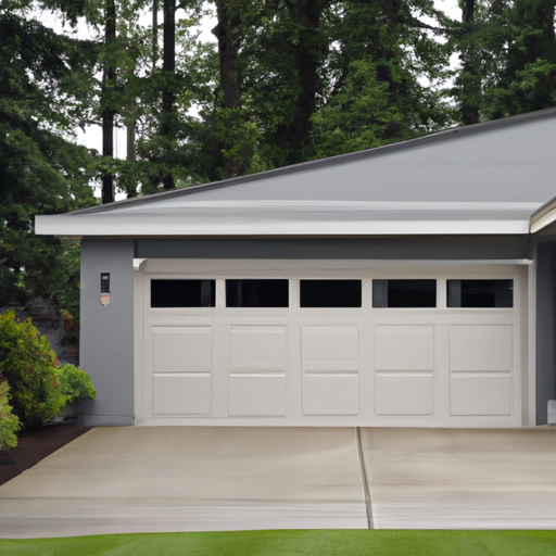Suburban Everett garage with modern sectional door and ceiling-mounted smart opener in overcast Pacific Northwest light.