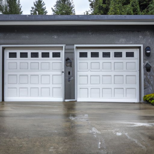 Everett suburban garage exterior with modern sectional door, wet driveway, and evergreen backdrop.