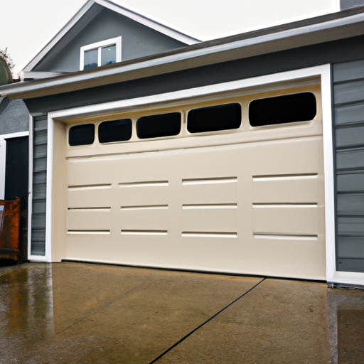 Modern insulated steel garage door on a suburban Everett home with overcast sky and wet pavement.