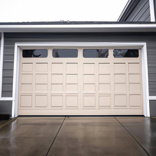 Insulated modern garage door on a residential home in Everett, WA on a wet street, shown closed.