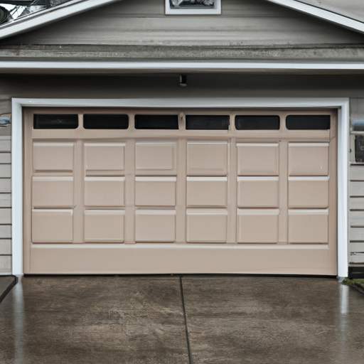 Residential garage door on a wet overcast day in a Pacific Northwest neighborhood, door and finish clearly visible