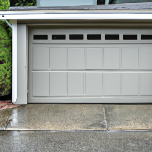 Modern steel sectional garage door partially open on a wet driveway in Everett, WA with Pacific Northwest vegetation and overcast sky.
