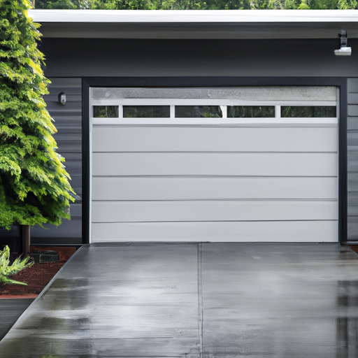 Modern suburban garage door in Everett, WA with smart opener visible, wet driveway and native landscaping.