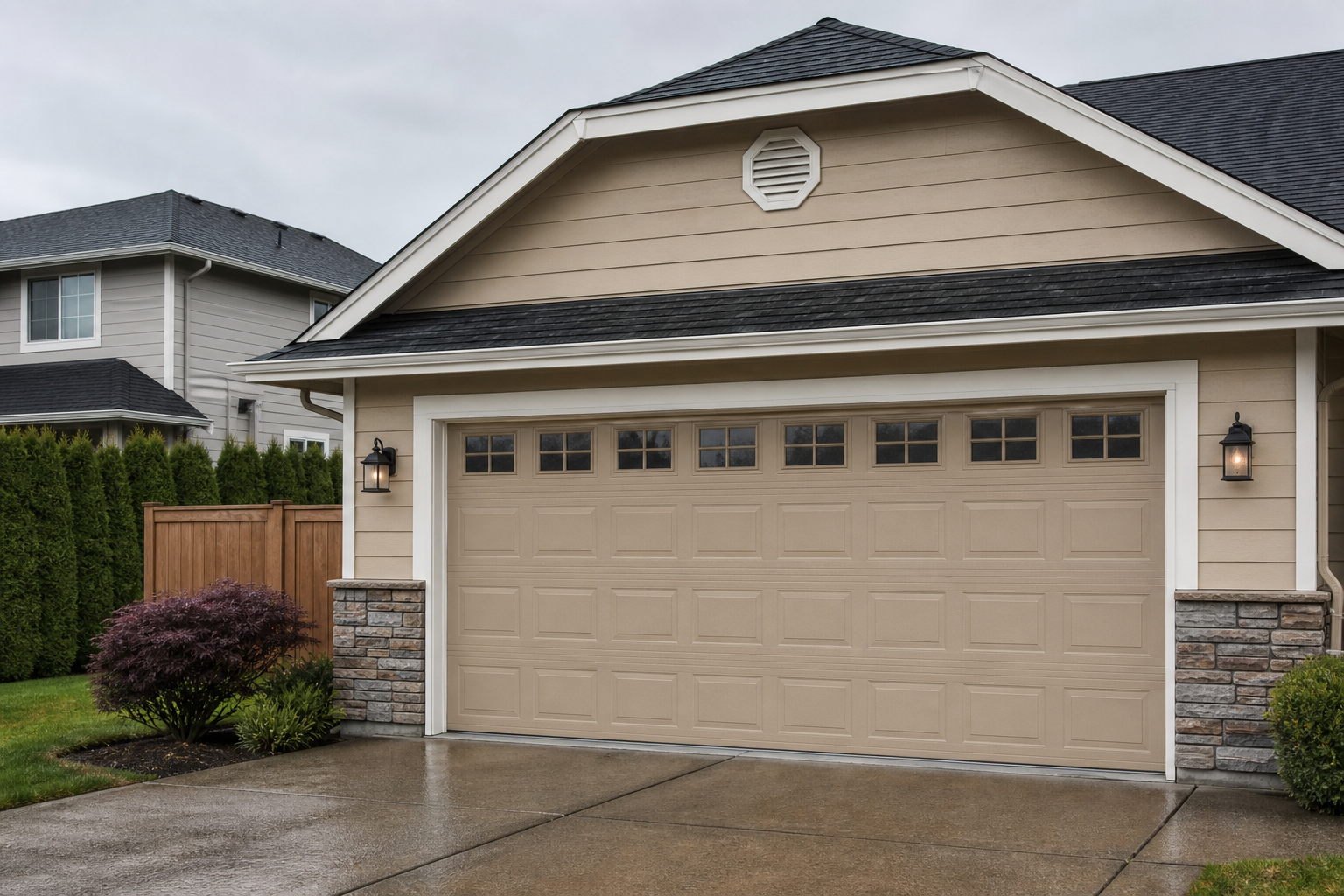 Suburban Everett garage exterior with a fully visible garage door in overcast light